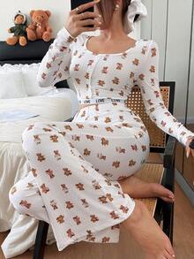SHEIN 女士修身小熊印花圆领长袖睡衣套装 - 白色 - 查看 4
