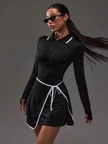 Dewbera 女士户外运动Polo领长袖连衣裙配短裤，黑白配色，带手机口袋 - 黑與白 - 查看 3