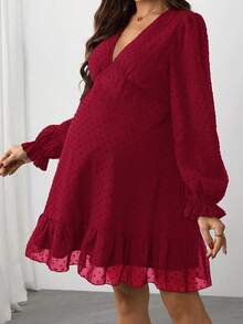 SHEIN 孕妇纯色简约V领长袖休闲连衣裙 - 酒紅色 - 查看 4