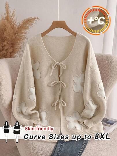 SHEIN CURVE+ Plus Size Women Heart Knitted Cardigan, French Elegant Fashion Autumn/Winter Sweater Coat