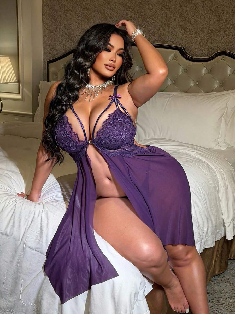 NU&NOW Sexy Sheer Lace Trim Mesh Bow Decor Asymmetrical Hem Camisole, Solid Purple ColorValentine's Day - Purple - View 1