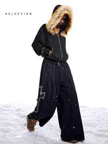 LYSMO Women's Casual Regular Zip-Up Hoodie Jacket With Faux Fur Patchwork, Autumn/ Winter - Black - View 8