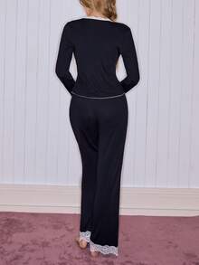 SHEIN Sweet Ins Style Contrast Color Lace Trim 2 In 1 Women Pajama Set - Black - View 2