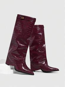 Daringsoles 女士时尚通勤厚底高跟过膝长靴 - 酒紅色 - 查看 9
