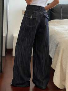 DAZY Women's Regular Waist Striped Loose Straight Leg Jeans, Casual Street Style - Dark Wash - View 5