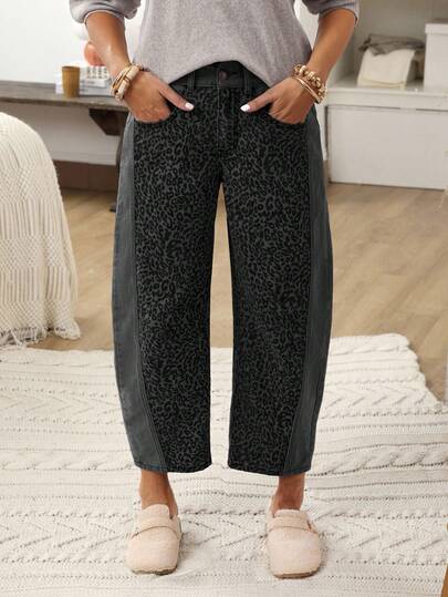 EMERY ROSE Women's Casual Patchwork Leopard Print Loose Fit Jeans With Side Pockets, Autumn