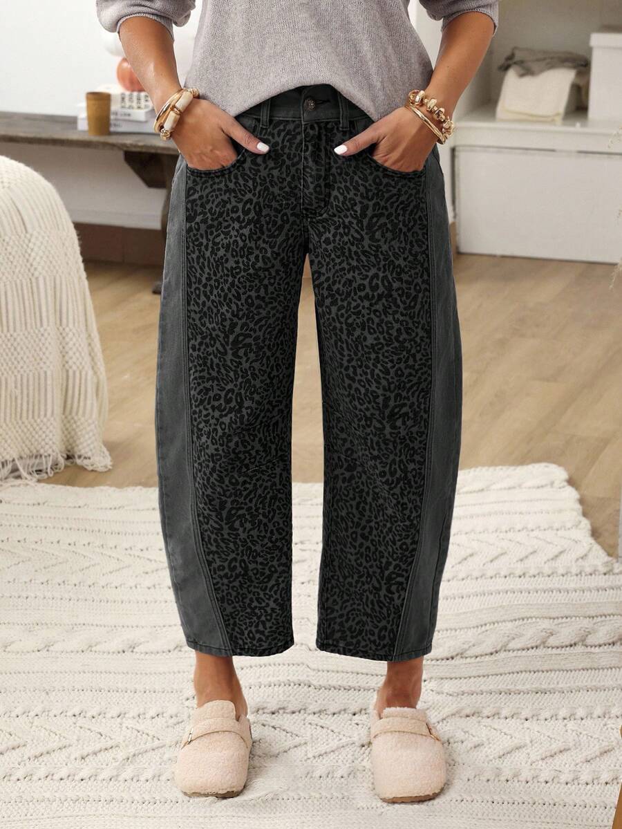 EMERY ROSE Quần jeans ống rộng họa tiết da báo chắp vá thường ngày có túi bên hông dành cho nữ, mùa thu - Màu xám đen - Xem 1
