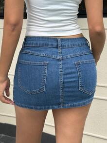 K-Vae 女式牛仔迷你裙，超低腰，紧身，蓝色 - 中等水洗藍 - 查看 2