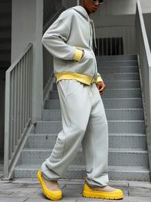 Manfinity Roghcode 男士休闲日常通勤运动时尚街头撞色字母印花拉链抽绳连帽卫衣和运动裤套装，春秋季，街头风，宽松版型，男士，情侣装，图案，我爱我的男朋友，朋友，情侣装，男朋友 - 灰色 - 查看 5