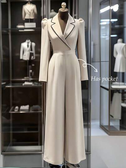 Franclia 休闲百搭，适合秋冬季通勤的卡其色女士连体裤，纯色长袖修身阔腿优雅连体裤