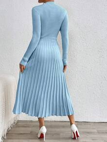 RosyDaze Vestido de suéter ajustado con cuello alto, plisado en el bajo y cintura, unicolor, para mujer, otoño/invierno - Celeste - Ver 2