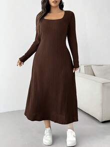 SHEIN EZwear 大码女士休闲罗纹棕色中长连衣裙 - 棕色 - 查看 4