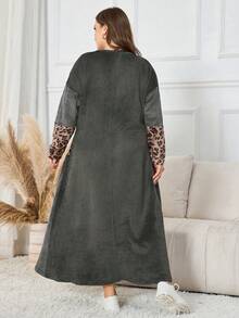 Lacomfia Vestido casual de mujer talla grande reversible de franela con estampado de leopardo y patchwork - Gris - Ver 2