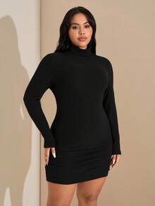 SHEIN Tall CURVE 大码女式高领黑色修身长袖针织连衣裙，百搭款式，适合秋冬季日常穿着和通勤。 - 黑色 - 查看 3
