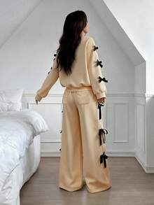 SHEIN EZwear 女士休闲宽松杏色蝴蝶结装饰两件套，冬季两件套 - 杏色 - 查看 2