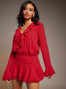 L'Amorae Women Ruffle Detail Drop Waist Long Sleeve Mini Dress, Valentines Date Night Outfit In Red - Red - View 4