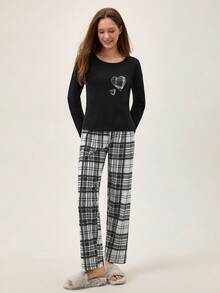 Loomlin Bộ đồ ngủ dài tay in họa tiết kẻ caro cotton 2 chiếc và quần dài họa tiết kẻ caro - màu đen - Xem 4