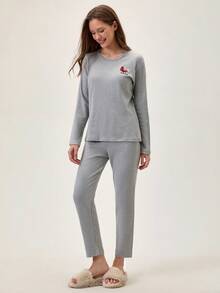 Loomlin 100%Cotton Letter & Butterfly Embroidery Ribbed Knit Lounge Set - Grey - View 4