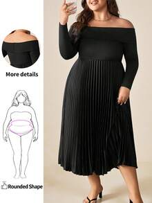 Enliva Plus Size Women's Off-Shoulder Long Sleeve Dress, Pleated Patchwork Dress/Autumn /Winter - Black - View 1