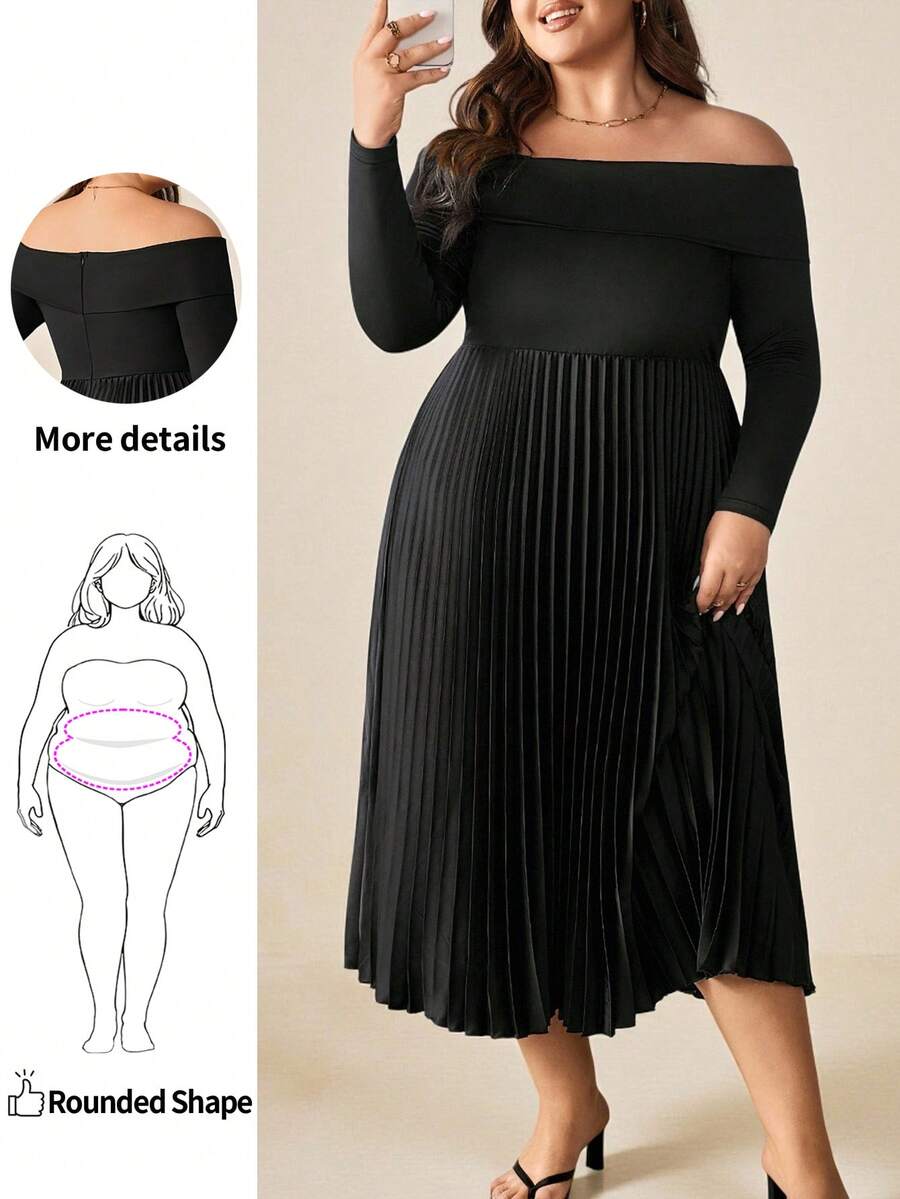 Enliva Plus Size Women's Off-Shoulder Long Sleeve Dress, Pleated Patchwork Dress/Autumn /Winter - Black - View 1