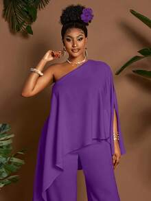 Maweii 加大码两件套：不对称下摆宽松休闲度假上衣和短裤，黄色 - 紫色 - 查看 5