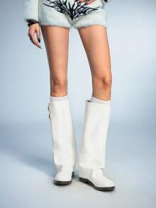ROMWE Women's Fashionable Versatile Commuting Adjustable Buckle Knee-High Boots For Christmas - White - View 8