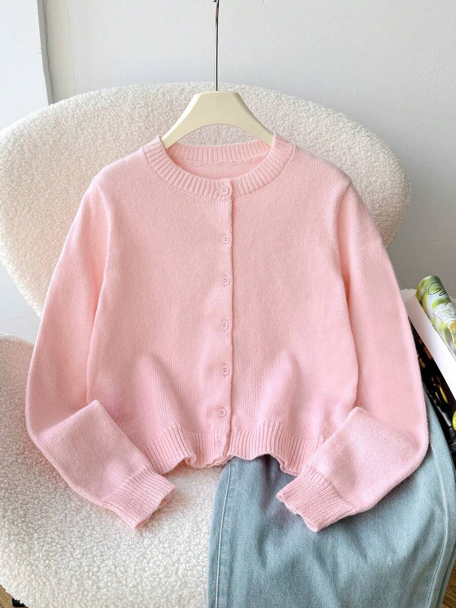 SHEIN Tween Girl Loose Casual Minimalist Comfortable Round Neck Open Front Solid Color Sweater - Pink - View 1