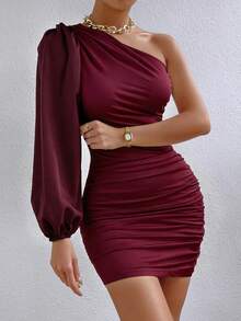 Firerie 女士纯色褶皱灯笼袖修身迷你连衣裙 - 酒紅色 - 查看 6