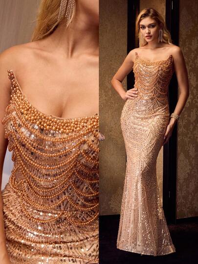 MOTF Soiréza LYXIG PÄRLPRYDD ARBENDLÖS SJÖJUNGFRUNDERAD GOLVLÅNG FESTKLÄNNING, ARBENDLÖS U-RINGNING MED RYGGREMSDETALJER, PÄRLKEDJEDESECCENTER OCH ASSISTENT SILHUETT FÖR SÄRSKILDA TILLFÄLLEN