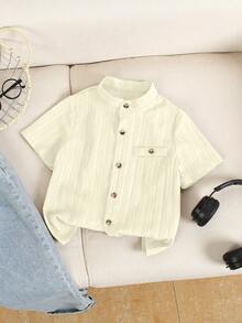 SHEIN Genkimix Kids Toddler Boys' Plain Simple Casual Short Sleeve Shirt - Beige - View 7