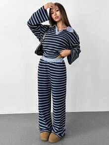 SHEIN PETITE 女款 2 件套海軍藍白條紋 V 領寬鬆長袖 T 恤與彈性腰長褲，秋季居家服冬季針織套裝，適合嬌小女性 - 彩色 - 查看 6