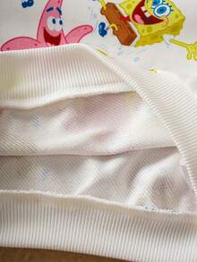 SpongeBob SquarePants | SHEIN Baby Girl Cartoon & Floral Print Cute Knit Loose Fit Crew Neck Drop Shoulder Long Sleeve Sweatshirt And Sweatpants Set, Autumn/Winter - White - View 9