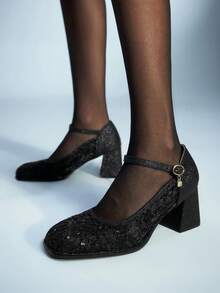 Sugerpunk Women's Fashionable Elegant Commuting Glitter Sequin Hollow Pumps For Christmas - Black - View 7