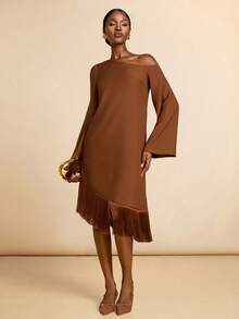 Lyxana Asymmetric Shoulder Long Sleeve Asymmetrical Fringe Hem Dress - Brown - View 1