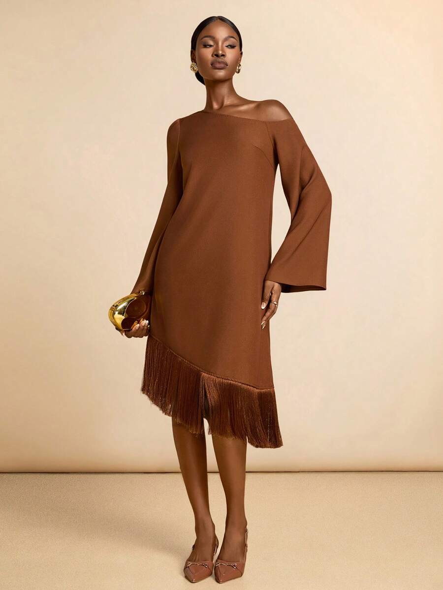 Lyxana Asymmetric Shoulder Long Sleeve Asymmetrical Fringe Hem Dress - Brown - View 1