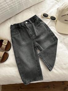 SHEIN Baby Boy Solid Color Elastic Waist Casual Versatile Jeans - Black - View 4