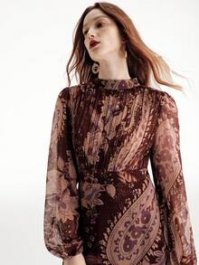 Aveloria Modichic Vestido de gasa con cuello Mao elegante y retro, diseño de busto fruncido, manga larga - Multicolor - Ver 2