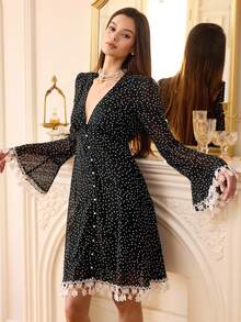 SHEIN Unity Romantic Elegant Versatile V-Neck Waist Design Lace Trim Puff Sleeve Polka Dot Print Chiffon Long Sleeve Dress, Autumn - Black and White - View 5