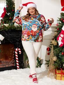 Enliva Sudadera holgada y casual con gráfico navideño colorido, forrada térmicamente, de manga larga, para mujeres de talla grande con figura redondeada, para otoño/invierno - Multicolor - Ver 4