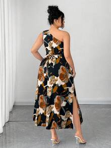 Vestido elegante de mujer de talla con estampado floral azul y blanco, elegante y chic para fiestas, graduaciones, vacaciones, festivales, citas, bodas y salidas - Negro - Ver 2