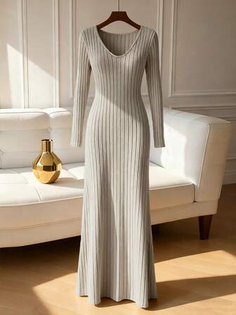 Almamuse Solid Color V-Neck Knit Fleece Long Sleeve A-Line Dress Maxi Women Outfit Fall Cloth For Women