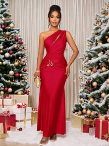 SOLERSUN Women's Solid Color Hollow Asymmetric Neck Metal Decorated Bodycon Dress Long Maxi Women Outfit - Red - View 8