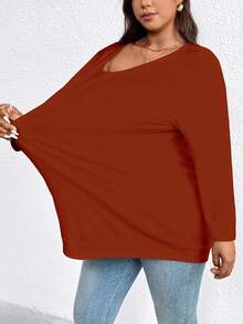 EMERY ROSE Camiseta casual holgada de manga larga con cuello redondo y hombros caídos en unicolor para mujer de talla grande - Naranja - Ver 6