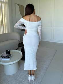 Milla Jasmine Vestido ajustado de malla plisada de hombros descubiertos de manga larga elegante blanco para primavera y verano - Blanco - Ver 6