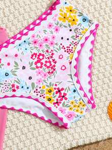 Young Girls 3-Piece Floral Bikini Set, Adjustable Strap Triangle Top, Triangle Bottoms, Mesh Skirt, Suitable For Vacation, Beach, Summer - Multicolor - View 4