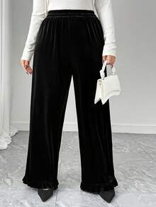 Dazy Plus 大码女式优雅宽松天鹅绒拼接荷叶边长裤，秋冬季百搭单品 - 黑色 - 查看 4