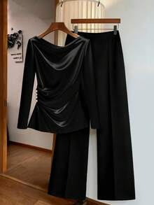 Cravure Plus Size Women's Autumn/Winter Satin Texture Ruffled Collar Long Sleeve Pleated Design Pullover Fitted Slightly Loose Blouse And Matching Elastic Waist Straight Leg Pants 2-Piece Set, &Regalyn Top And Pants Suit, Versatile For Commuting, Shopping, And Daily Wear - Black - View 1