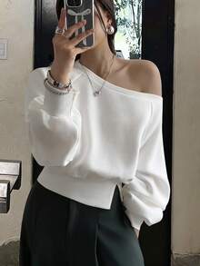 DAZY Sudadera corta ajustada con hombros oblicuos para mujer - Blanco - Ver 2