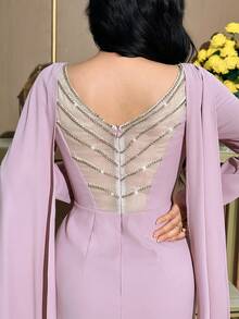 Modelyn Women's Solid Color Rhinestone Decor Simple Everyday Long Sleeve Dress