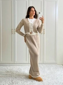 SHEIN Tall 2件套多色蝴蝶结休闲基本款针织套装，秋冬 - 卡其色 - 查看 4